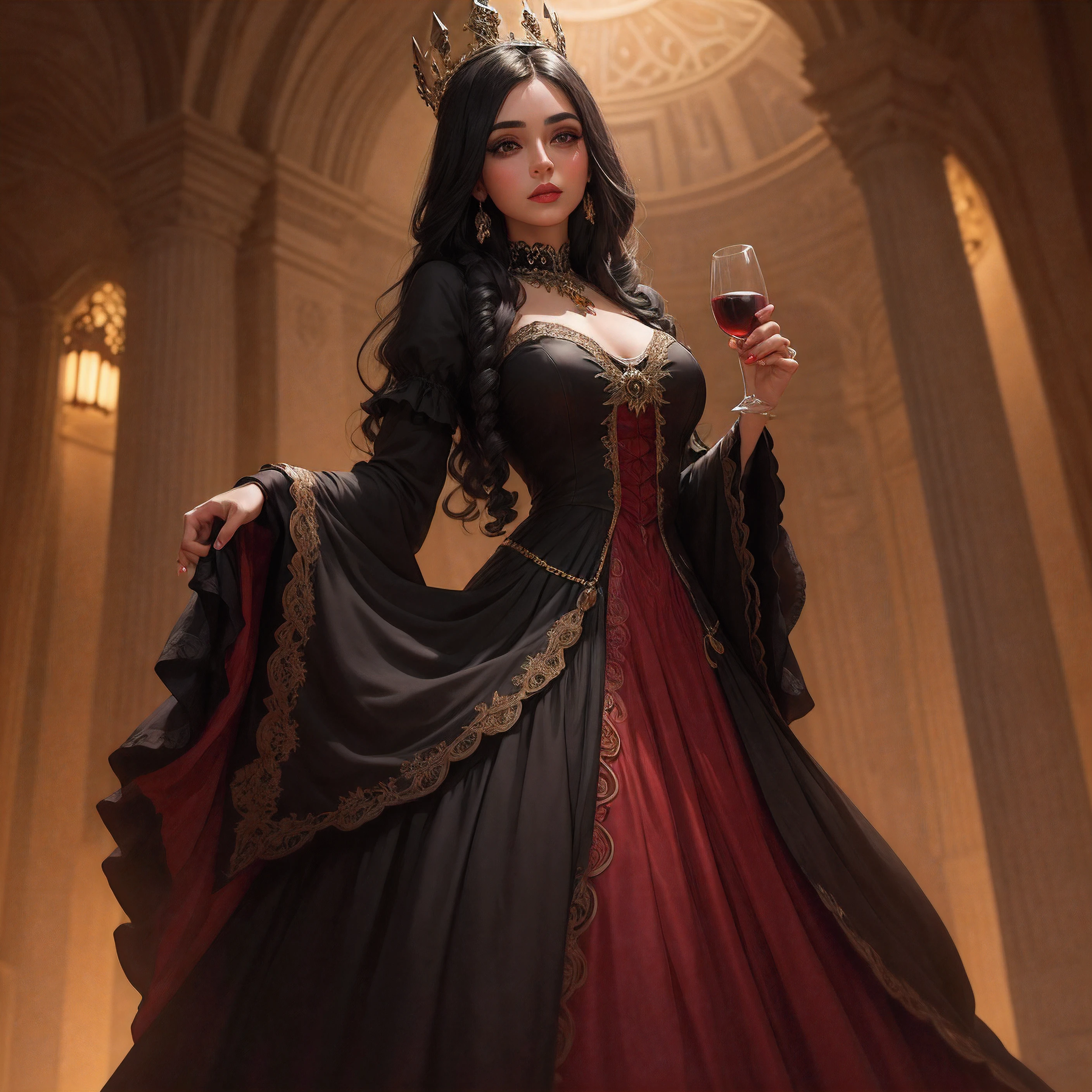 "Uma rainha iraniana alta com cabelo encaracolado preto, with a black  queen crown and wine glass in hand, usando um longo vestido preto e amarelo, segurando um ramo de rosa vermelha, , cinematic photography, professional lighting, Romantic Atmosphere, BEAUTIFUL RED LIPS, numa floresta escura, com rosas
