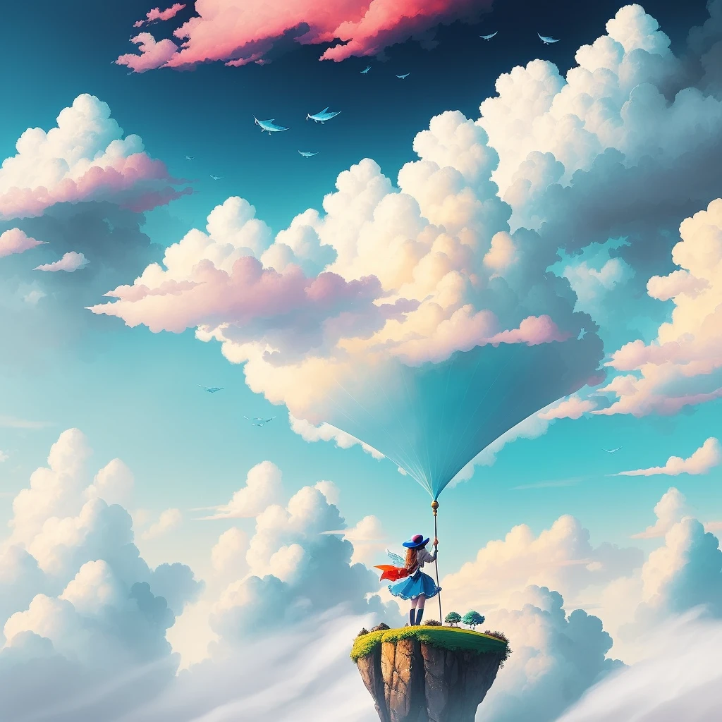 This picture represents the moment when the main character steps into the mysterious world of clouds. A character with a facial expression that conveys excitement and surprise.

The painting depicts a part of a fairyland to express the atmosphere of that world. Flying fish, mysterious buildings, and colorful landscapes are impressive.

You can incorporate elements that convey the excitement of adventure. For example, a treasure in a character's hand or a scene with a strange tool.

To create visual enjoyment for children, use bright and festive colors. Eye-catching colors are important.

Combine the main character and fairyland elements in a well-balanced manner.