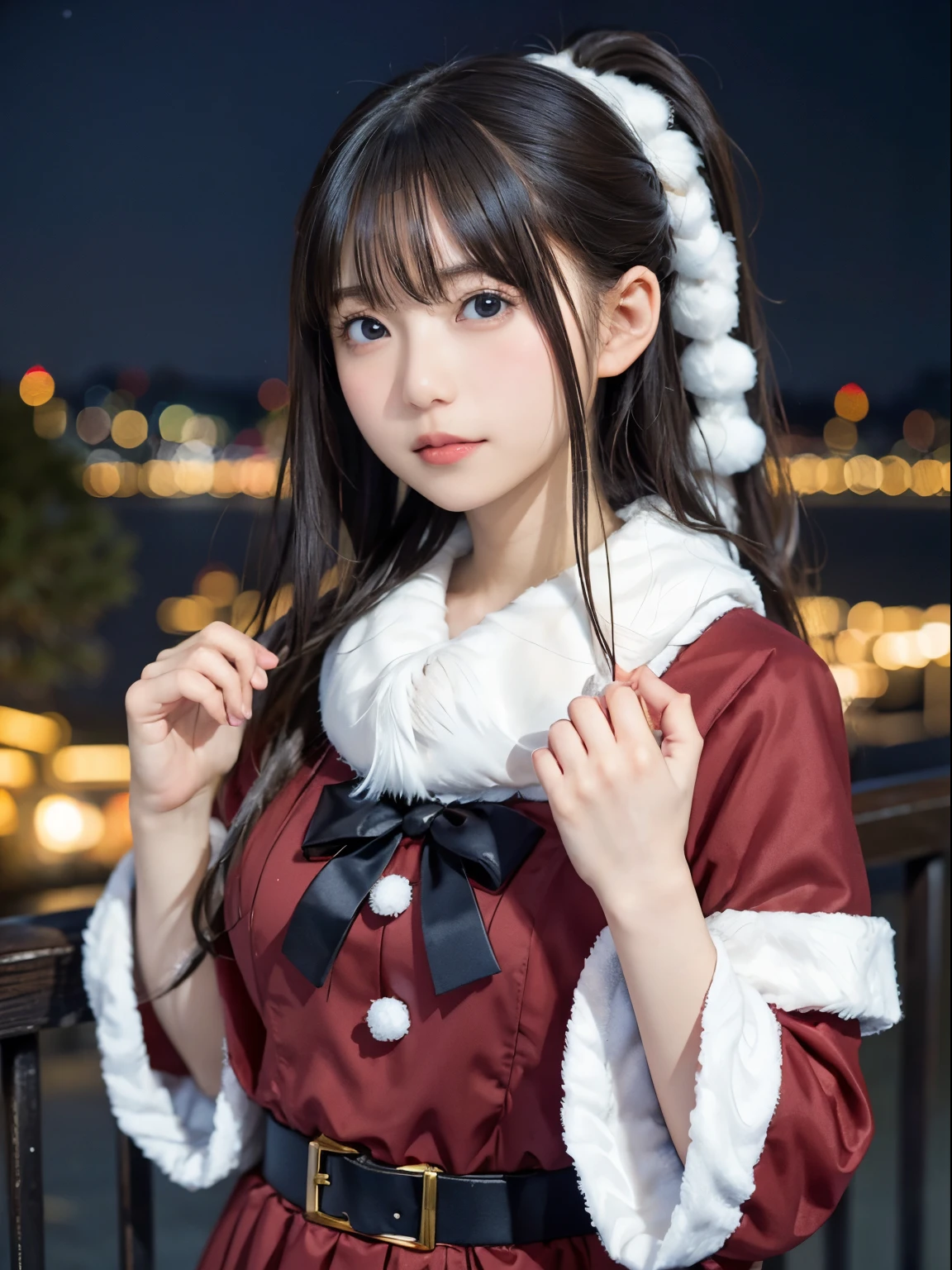 A Japanese Lady,Beautuful Women,Girl dressed as Santa Claus,Night,illuminations,surrealism, F/1.2, Fuji Film, 35 mm, 8K, Super Detail, nffsw, masutepiece, Textured skin, High quality, Best Quality, hard disk