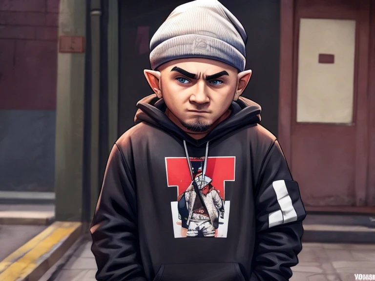 A Gnome that looks like singer Eminem, usando roupas Streetwear