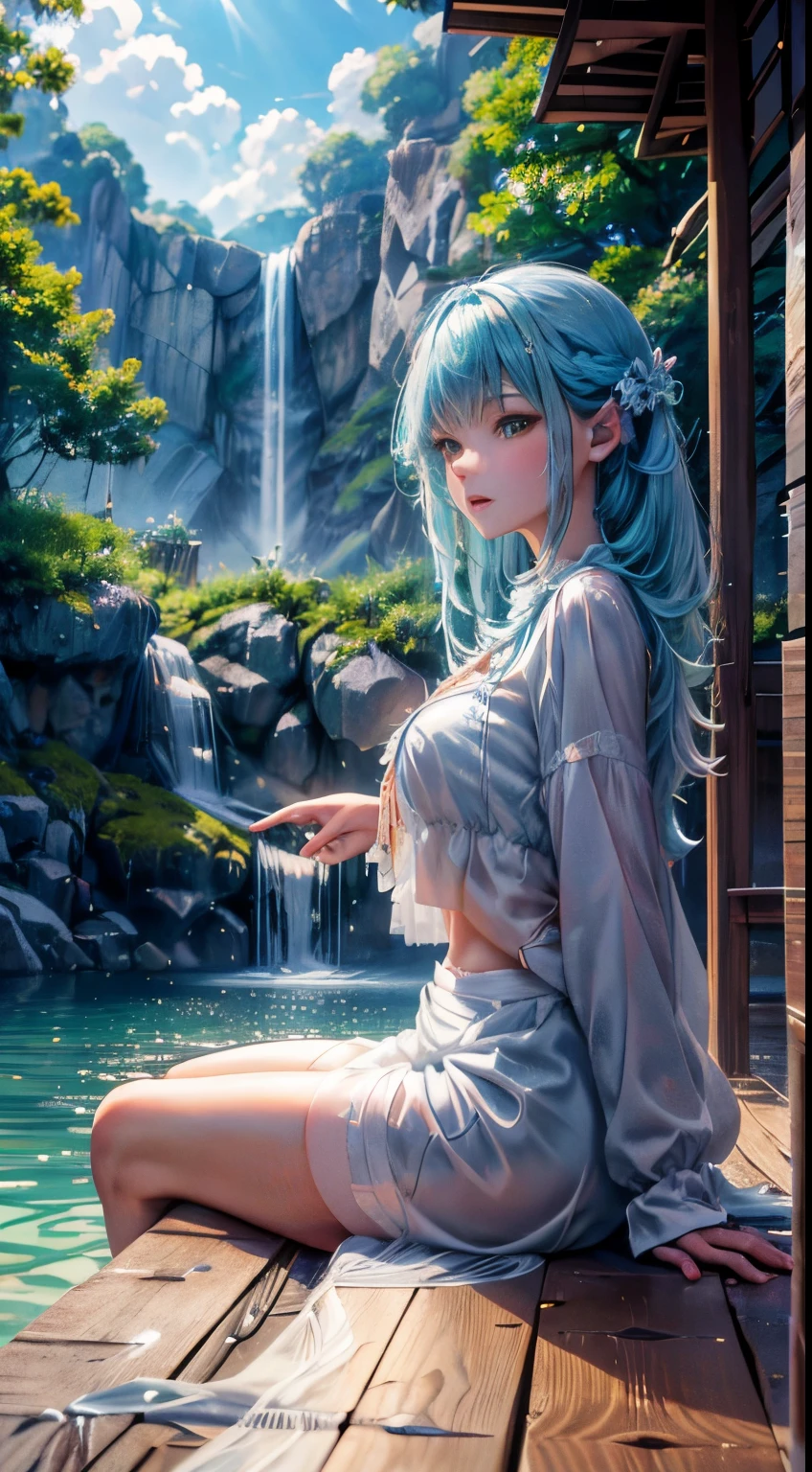Estilo anime, Floresta, water fall, frente frontal aleatgory, mulher adulta random, lake, deck