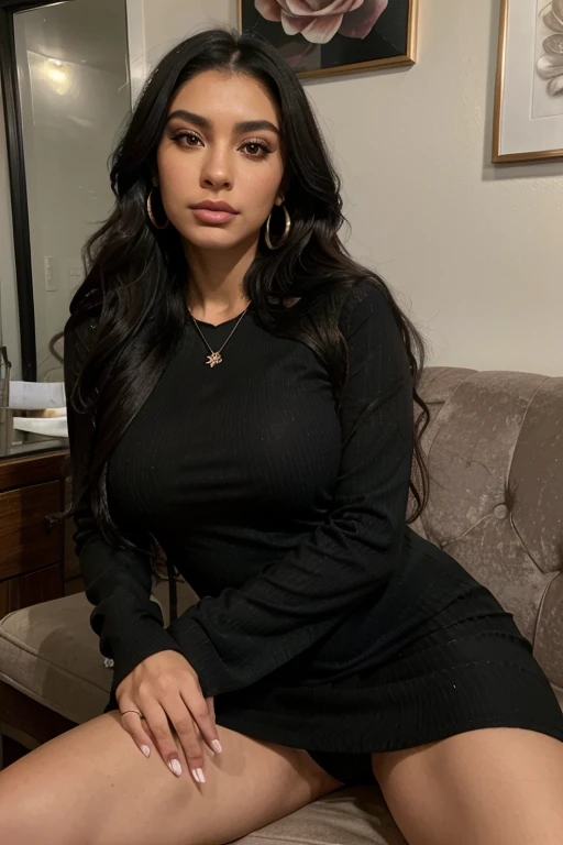 25-year old Mexican-American woman, long wavy black hair, big beautiful eyes, dark eye shadow, dark thick eye brows, thin nose, nose ring, juicy lips, high cheekbones, wearing earrings, wearing tight Nadia Long Sleeve Scoop Back Midi Dress, wearing sexy high heels, sitting with legs crossed, can see sexy legs, full body shot, super detailed, 8k, intricately maximalist-details, extremely detailed, masterpiece