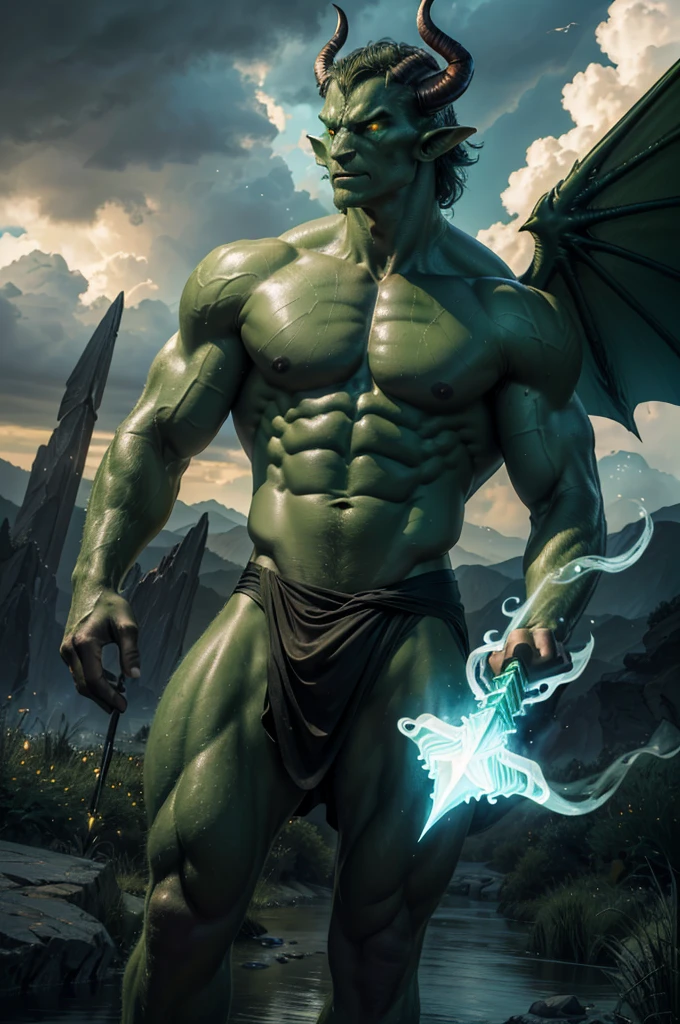 (best quality,4k,8k,highres,masterpiece:1.2),ultra-detailed,(realistic,photorealistic,photo-realistic:1.37),demonic alien prince,(green fire),(celestial spear), alien wings ,flying ,horns,(stormy sky), shirtless, dark energy particles, magic