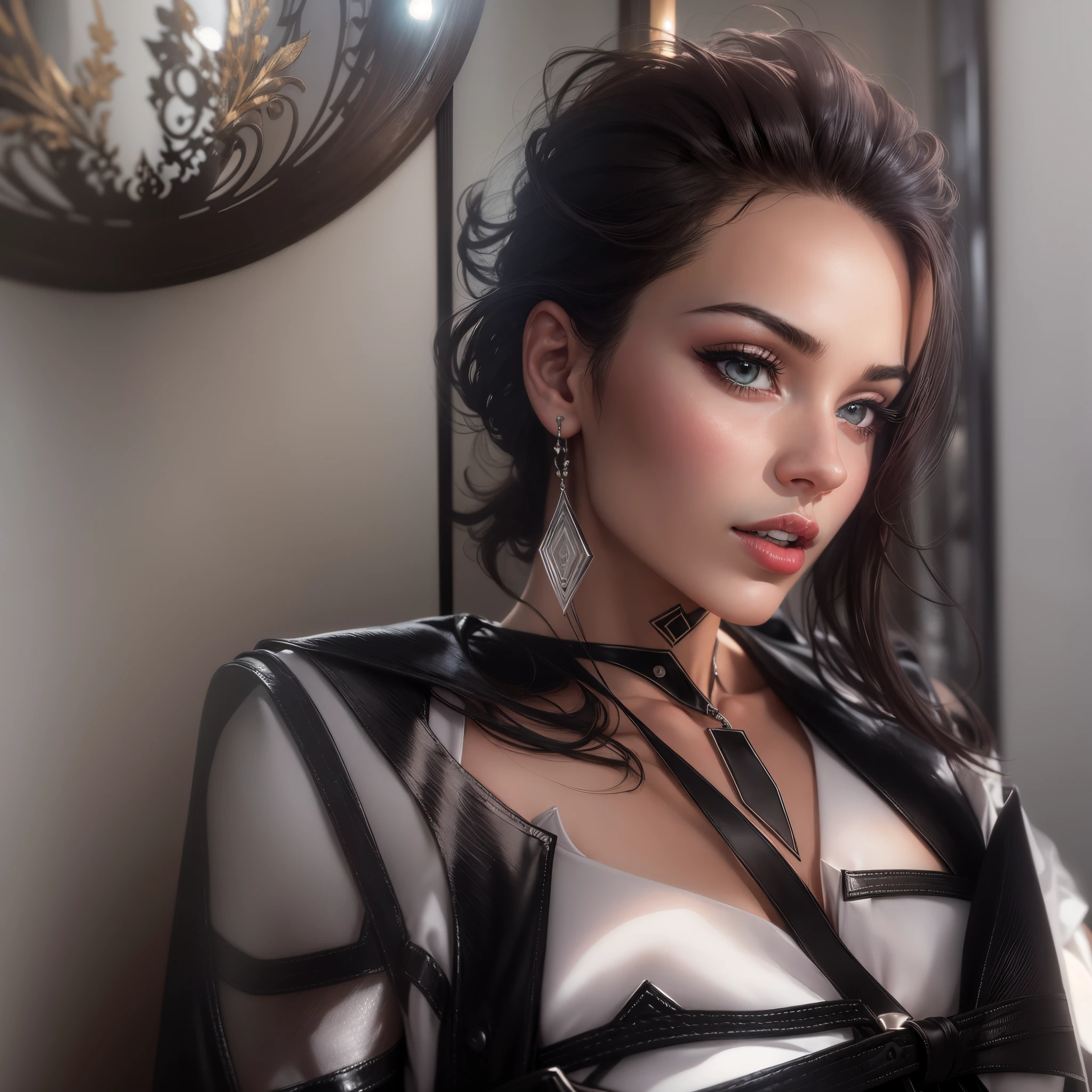 alta qualidade,4k,8k,Altas,master part:1.2),ultra-detalhado,(Realistic,fotorrealista,photo-realistic:1.37),luminoso+retrato,studio lighting,vivid colors,fashionable,Ethereal,Glamouroso,colorido,retro,Red lipstick,smoky eyes,pele perfeita,pose confiante,roupa elegante,Dynamic background,contraste preto e branco,soft lighting,foco nítido,sombras sutis,luz artificial,reflection,textura brilhante,detalhes meticulosos,Tiro de glamour,alta moda,alto contraste,nervoso,frail,Image composition,Impacto visual,Seductive Expressions,beleza sedutora,Charme Sensual,unique shape,Attractive features,estilo inovador,visualmente deslumbrante,cabelo atraente,jaqueta de couro preta,designer accessories,olhar feroz,atmosfera vibrante,elegant and modern aesthetic,artesanato requintado,energia apaixonada,Tantalizing fascination.