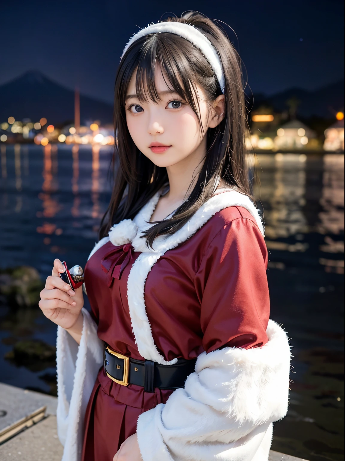 A Japanese Lady,Beautuful Women,Girl dressed as Santa Claus,Night,illuminations,surrealism, F/1.2, Fuji Film, 35 mm, 8K, Super Detail, nffsw, masutepiece, Textured skin, High quality, Best Quality, hard disk