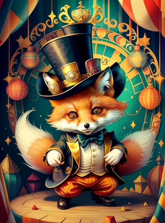 (cute baby fox with a top hat playing in the circus), Munchkin ,Geometric multidimensional wall portrait, livro de arte, Tchibi,
Yang08k, Beautiful, Colouring,
Obras, of the highest quality, best quality, Arte Oficial, Beautiful and Aesthetic,