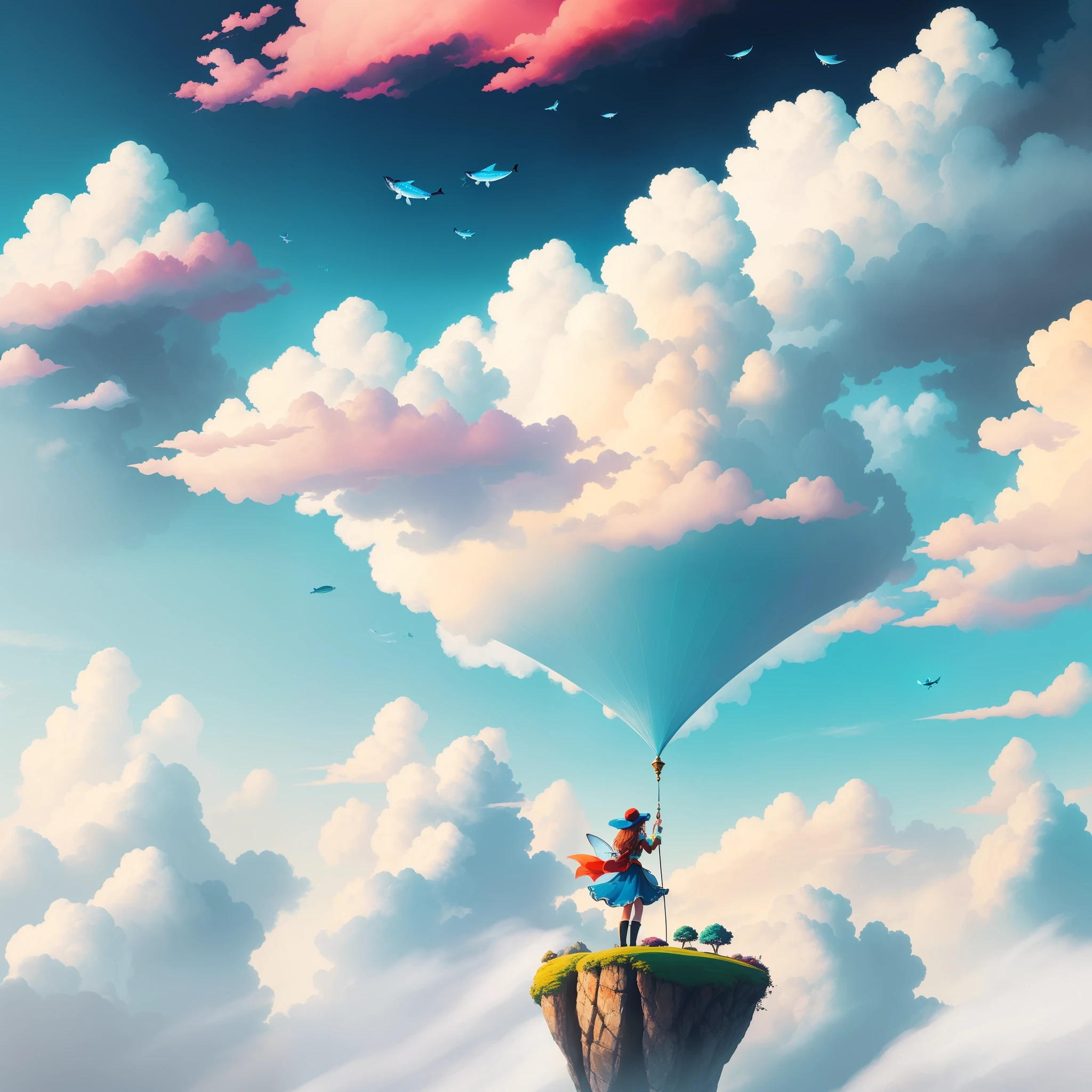 This picture represents the moment when the main character steps into the mysterious world of clouds. A character with a facial expression that conveys excitement and surprise.
The painting depicts a part of a fairyland to express the atmosphere of that world. Flying fish, mysterious buildings, and colorful landscapes are impressive.
You can incorporate elements that convey the excitement of adventure. For example, a treasure in a character's hand or a scene with a strange tool.
To create visual enjoyment for children, use bright and festive colors. Eye-catching colors are important.
Combine the main character and fairyland elements in a well-balanced manner.