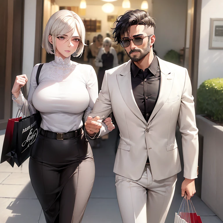 (best quality:1.1), (master part:1.4), (absurdos:1.0), Dutch angle, ambulante, 1 girl, (Mature female:1.4), (MILF:1.2), (top rosa:1.3), beige linen pants, (joias de luxo:1.2), (white jacket), short hair, cabelos pretos, sun glasses, sorriso tortuoso, (shopping:1.2), (rechonchudo:1.1), Seios enormes, olhando para o espectador, 1 homem idoso de 86 anos, (baixo, gordo, cabelo branco, barba branca, idoso, roupas folgadas)