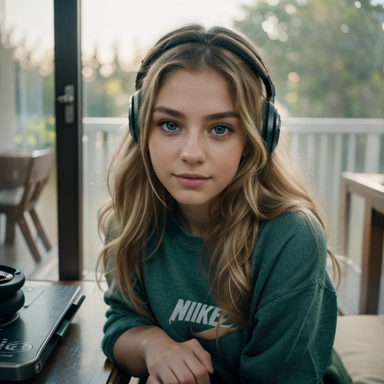 Russian blonde child girl ,halo on fire CHILD girl with long hair wearing a green sweater and muffled black ears.