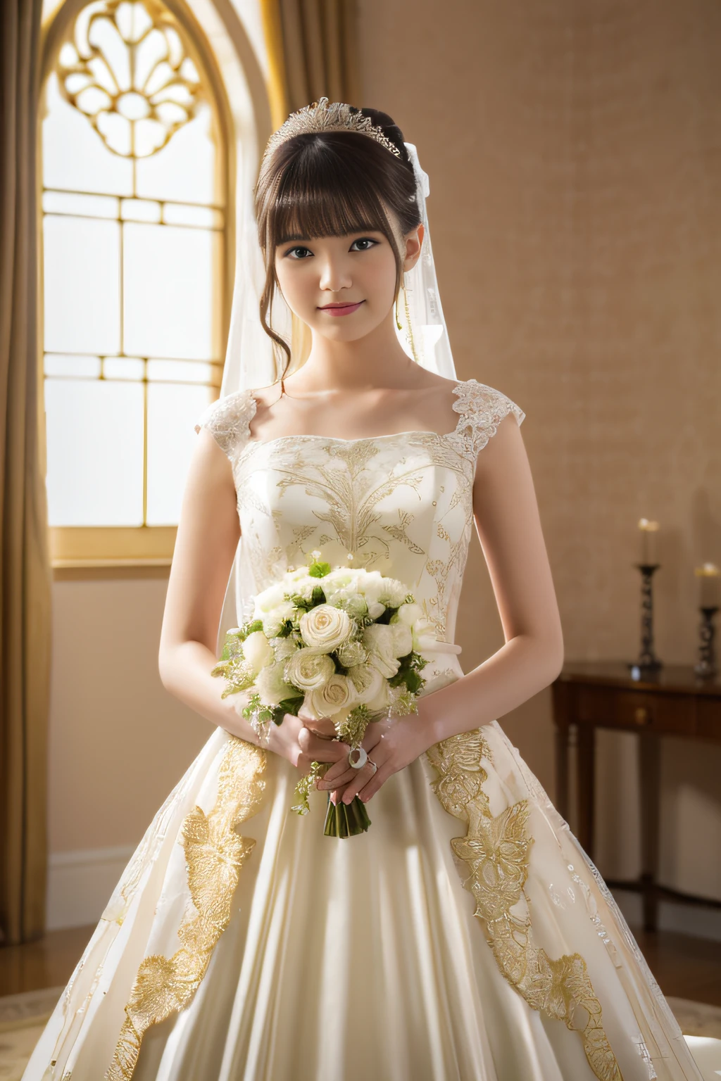(Best Quality,4K,hight resolution,masutepiece:1.2),Ultra-detailed,(Realistic:1.37)
1girl in,wearing a golden wedding dress,Holding flowers,The pattern of the wedding dress is clear,Beautiful 18 year old girl on the background of a beautiful wedding lawn.