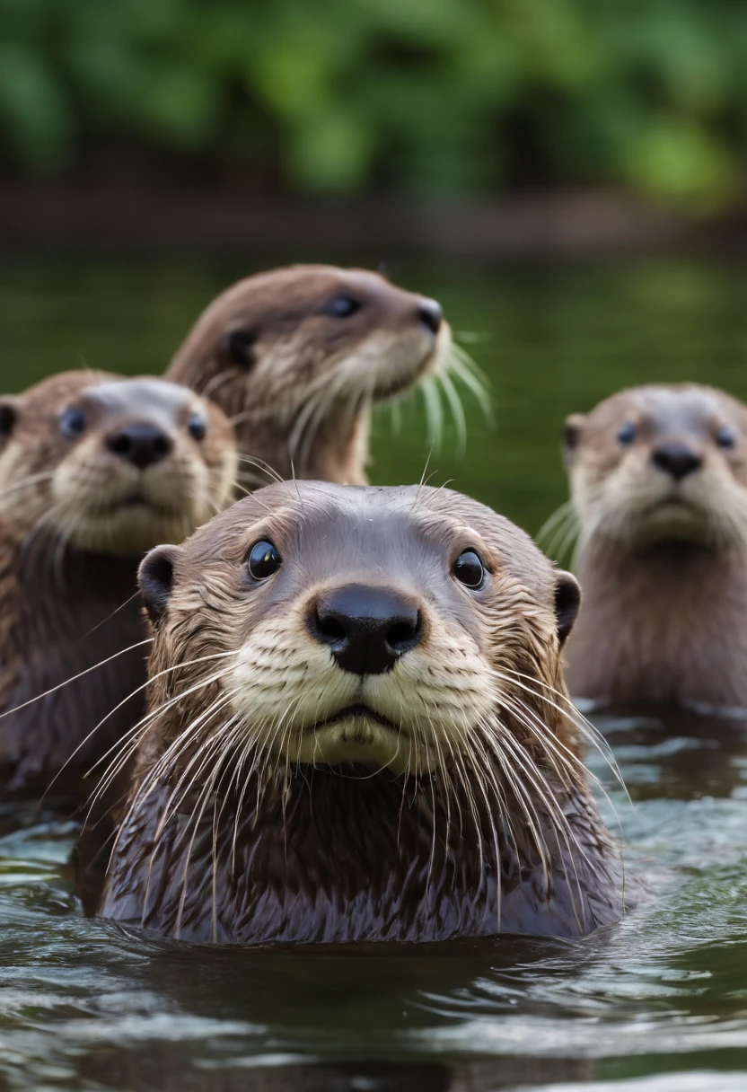 ButterflyEffect capturing a mesmerizing shot of a group of otters playfully frolicking in a serene river,original,ButterflyEffect has long hair and wire rim glasses. He has a hook nose and bright green eyes., male