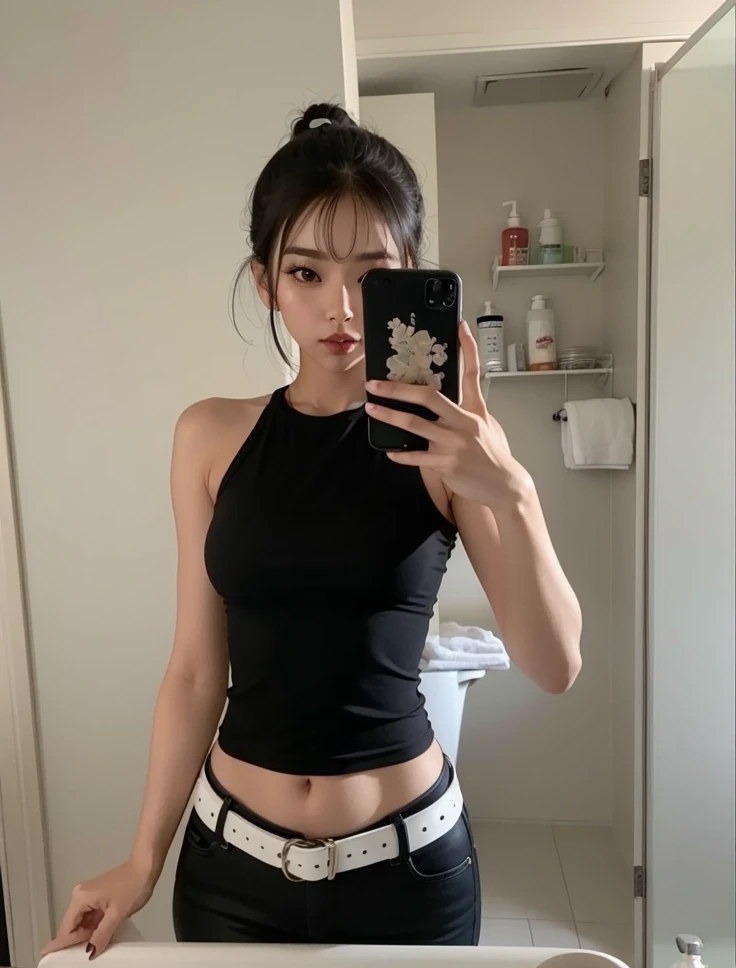there is a woman taking a selfie in a bathroom mirror, she is wearing a black tank top, usando uma regata preta cropped, usando uma regata cropped preta, foto de magra, foto de modelo de menina tanque preto apertado, 2 Modelo feminina de 4 anos, linda mulher coreana jovem, usando um top cropped sexy, cintura fina, Jinyoung Canela