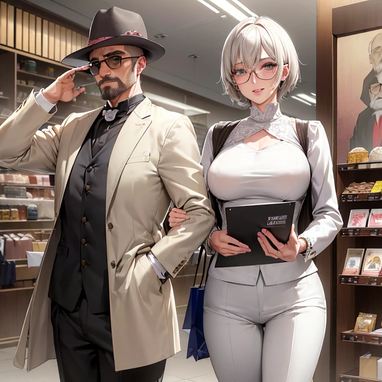 (best quality:1.1), (master part:1.4), (absurdos:1.0), Dutch angle, ambulante, 1 girl, (Mature female:1.4), (MILF:1.2), (top rosa:1.3), beige linen pants, (joias de luxo:1.2), (white jacket), short hair, cabelos pretos, sun glasses, sorriso tortuoso, (shopping:1.2), (rechonchudo:1.1), Seios enormes, olhando para o espectador, 1 homem idoso de 86 anos, (baixo, gordo, cabelo branco, barba branca, idoso de 80 anos, roupas folgadas)