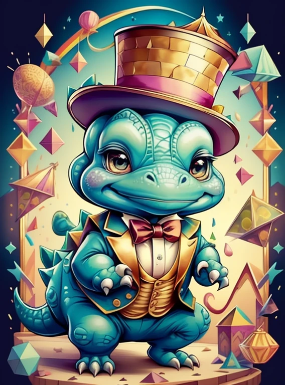 (cute  dinosaur with a top hat playing in the circus), Munchkin ,Geometric multidimensional wall portrait, livro de arte, Tchibi,
Yang08k, Beautiful, Colouring,
Obras, of the highest quality, best quality, Arte Oficial, Beautiful and Aesthetic,