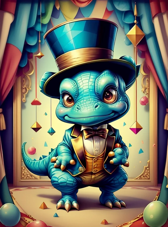 (cute  dinosaur with a top hat playing in the circus), Munchkin ,Geometric multidimensional wall portrait, livro de arte, Tchibi,
Yang08k, Beautiful, Colouring,
Obras, of the highest quality, best quality, Arte Oficial, Beautiful and Aesthetic,