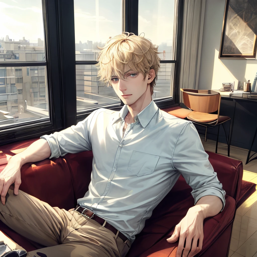 (best quality, masterpiece, realistic, 4k, extreme detail, line of symmetry), 1man, young adult, male, stubble, handsome features, hazel eyes, expressive eyes, pale blond hair, short hair, fair skin, open collared shirt, mid shot, sunny day, in a modern apartment, messy environment, modernist, sat on the couch, depressed, bags under eyes