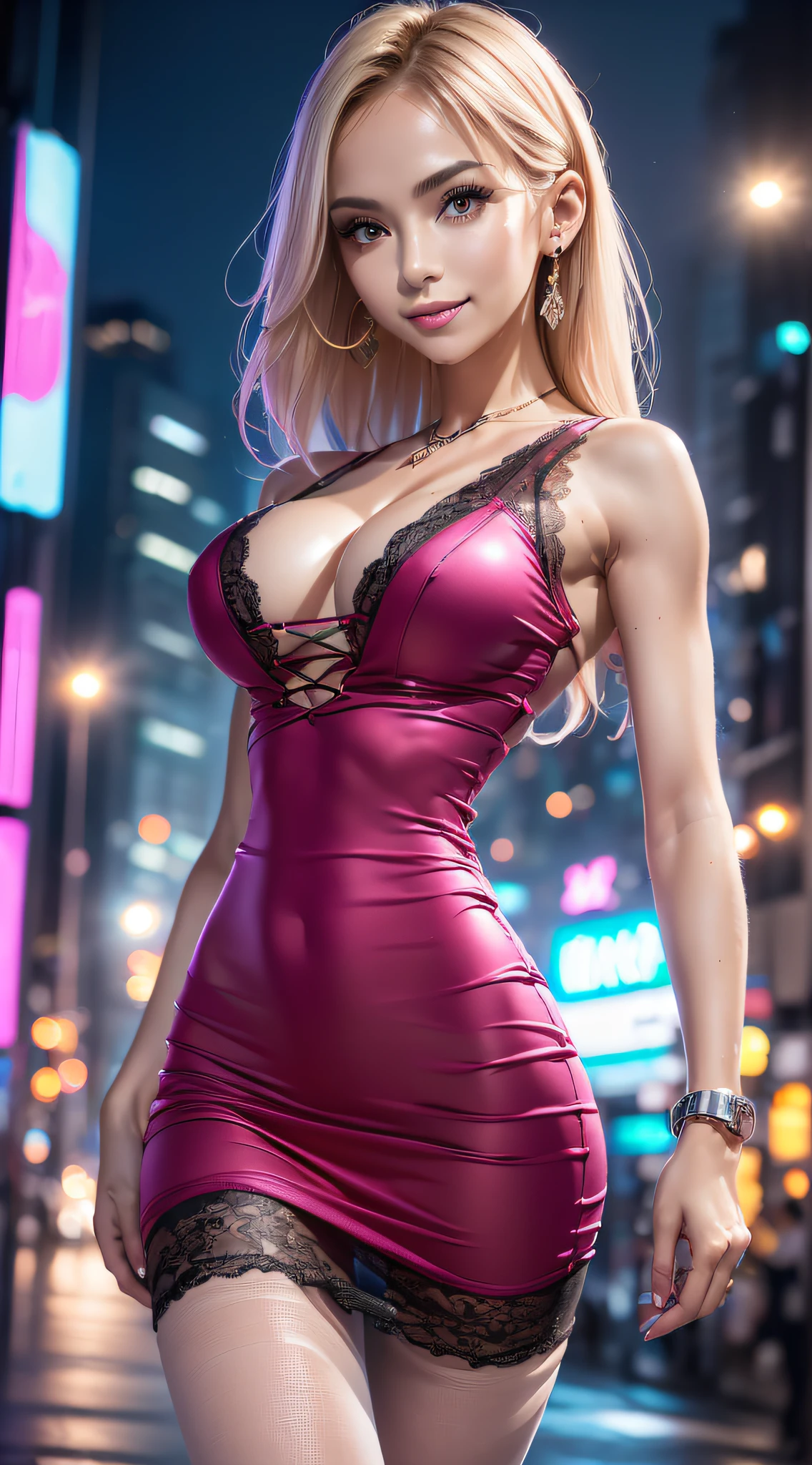 8k, masterpiece, RAW photo, (best quality, detail:1.3),photorealistic, extremely detailed CG unity 8k wallpaper, professional photography, ((Hyperrealism:1.2)), (focus sharpness:1.2), Depth of field, Cinematic Light, Lens Flare, Ray tracing, (extremely beautiful face, beautiful lips, beautiful eyes), intricate detail face, ((ultra detailed skin)), 1girl, in the dark, deep shadow, pretty girl, with a perfect body, (perfect proportions), (((anatomically correct))), accurate textured skin, (very slim slender fit-muscled body:1.18), ((looking at viewer)),(big smile), (tight mini dress), (shot sleeve) , (city night, (neon sign), (night), earrings, bracelets, necklace, pantyhose, clear eyes, walking , (pale skin), face forward, (big eyes), ((upper body shot)), tight-fitting dress, silk dress, laced dress, ((Tight lace-up dress)), (Midi dress), (see through dress), turning back, back shot, very slim, slander, blond twin drills hair, magenta color dress, tight ultra mini skirt