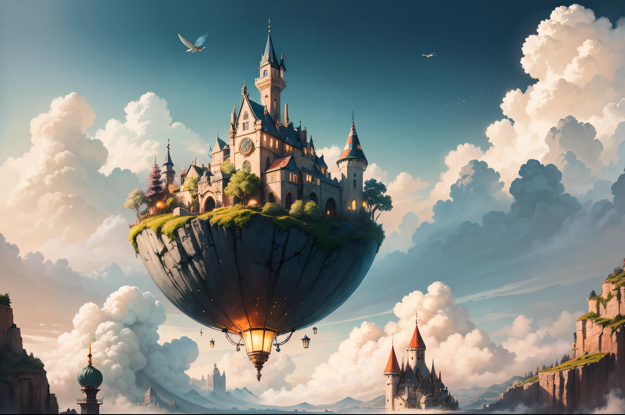 This picture represents the moment when the main character steps into the mysterious world of clouds. A character with a facial expression that conveys excitement and surprise.
The painting depicts a part of a fairyland to express the atmosphere of that world. Flying fish, mysterious buildings, and colorful landscapes are impressive.
You can incorporate elements that convey the excitement of adventure. For example, a treasure in a character's hand or a scene with a strange tool.
To create visual enjoyment for children, use bright and festive colors. Eye-catching colors are important.
Combine the main character and fairyland elements in a well-balanced manner.