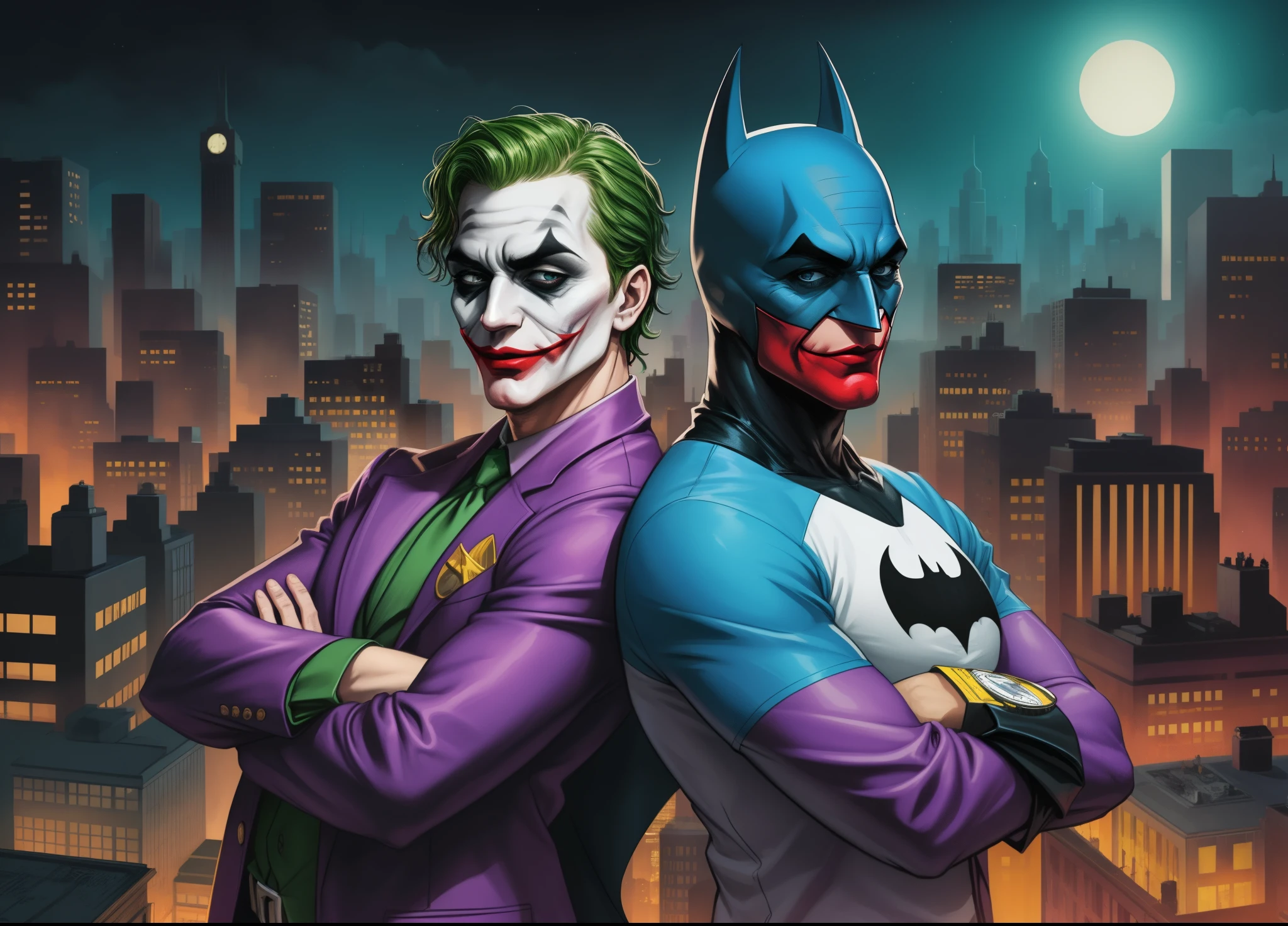 Batman und Joker stehen nachts vor einer Stadt, DC Comics Kunststil, von Randy Gallegos, Batman als Joker, von Joe Jusko, inspiriert von Joe Jusko, der Joker als Batman, Der Joker und Patrick Bateman, 3840x2160, 3840 x 2160, Fan-Art, Gotham City (Gotham City), perfect anatomy, eyes, lips, face