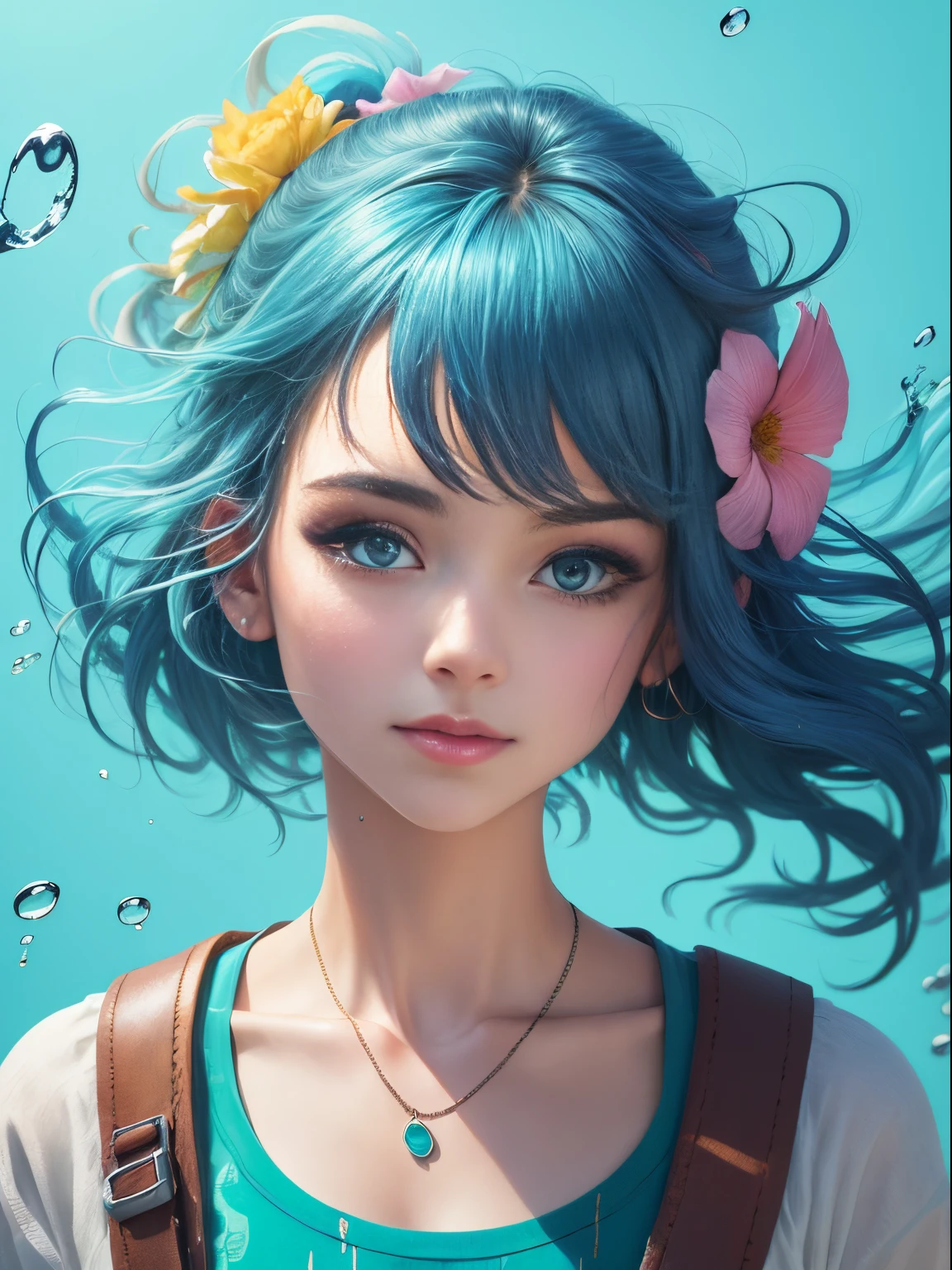 (Masterpiece), (Best Quality), (super detaill), (disheveled hair), (illustartion), (one girls), (trendy clothes), Standing, Model, Container, (interview), (Simple background), Subtly beautiful eyes, Gentle beautiful face, Floating, (high saturation), (Colorful splash), Colorful Bubble, (shine), Focus on the face, pony tail, light-blue hair, Bangs, hair rings, Floating flowers, floating hairs, (Shining), better lighting, best shadows