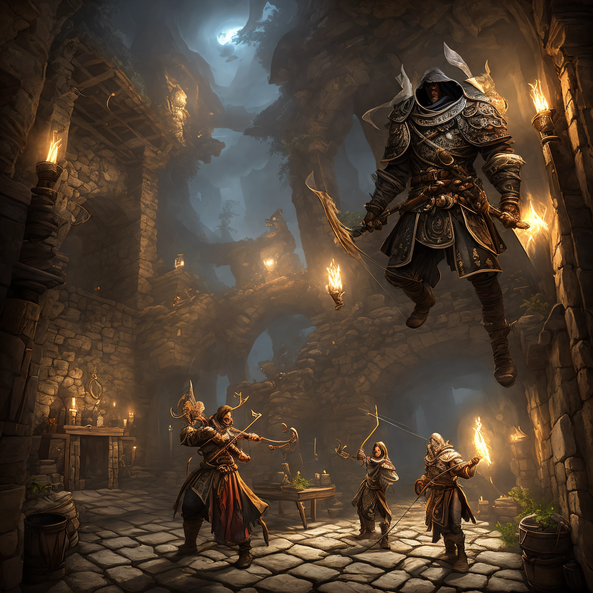 "Dall-E, create a dark fantasy, realistic RPG scene with a Drow archer bearing ancient runes on their body, symbolizing a pact with otherworldly entities. The character wears a leather armor adorned with Onyx stones and a red waistband, wielding a bone-themed bow and arrow. Set in a Dungeon and Dragons medieval ambiance, emphasize rustic aesthetics, incorporating intricate details, and play with lighting and camera angles for an immersive experience. Resolution and format should enhance the overall atmospheric quality."