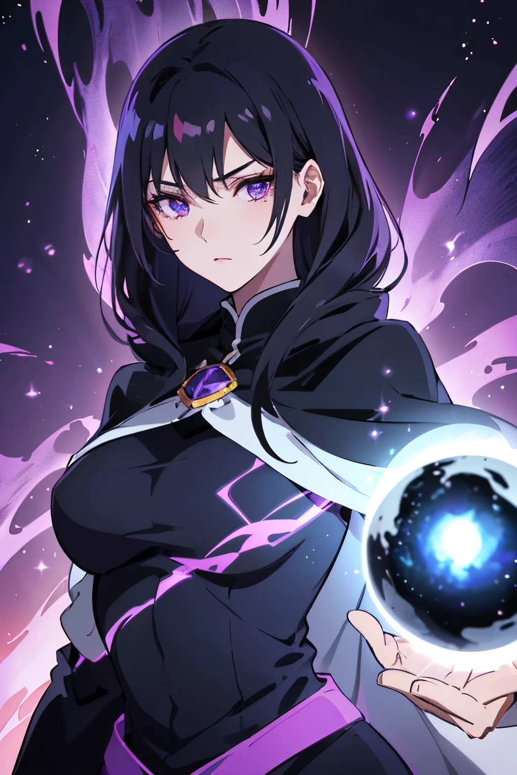 (best quality, high resolution), ultra-detailed, woman, young, 19 years old, long flowing black hair, snow white skin, calm, emotionless eyes, glowing purple eyes, long black uniform, black hooded cape, ball of purple energy floating in hand. purple light background