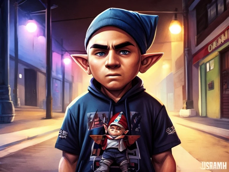 A Gnome that looks like singer Eminem, usando roupas Streetwear