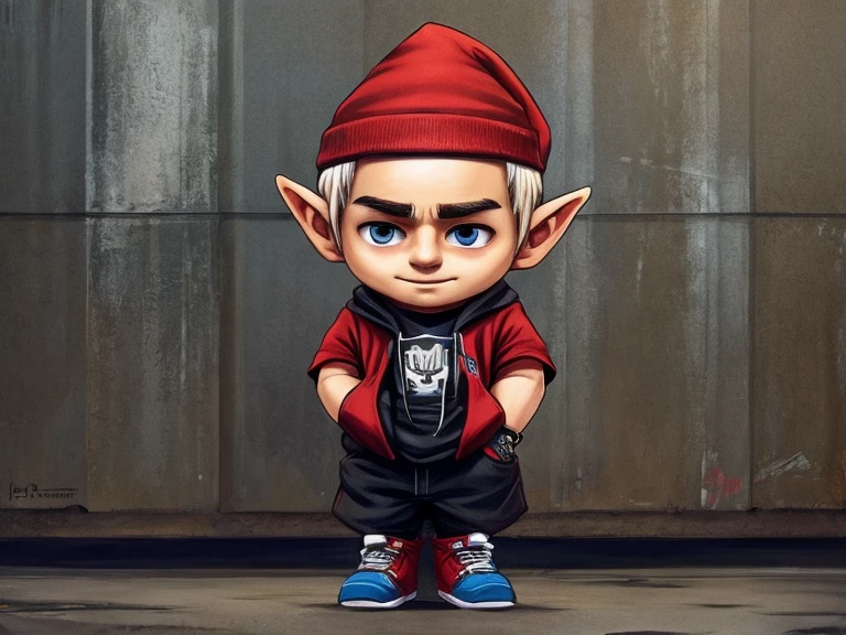 A Gnome that looks like singer Eminem, usando roupas Streetwear