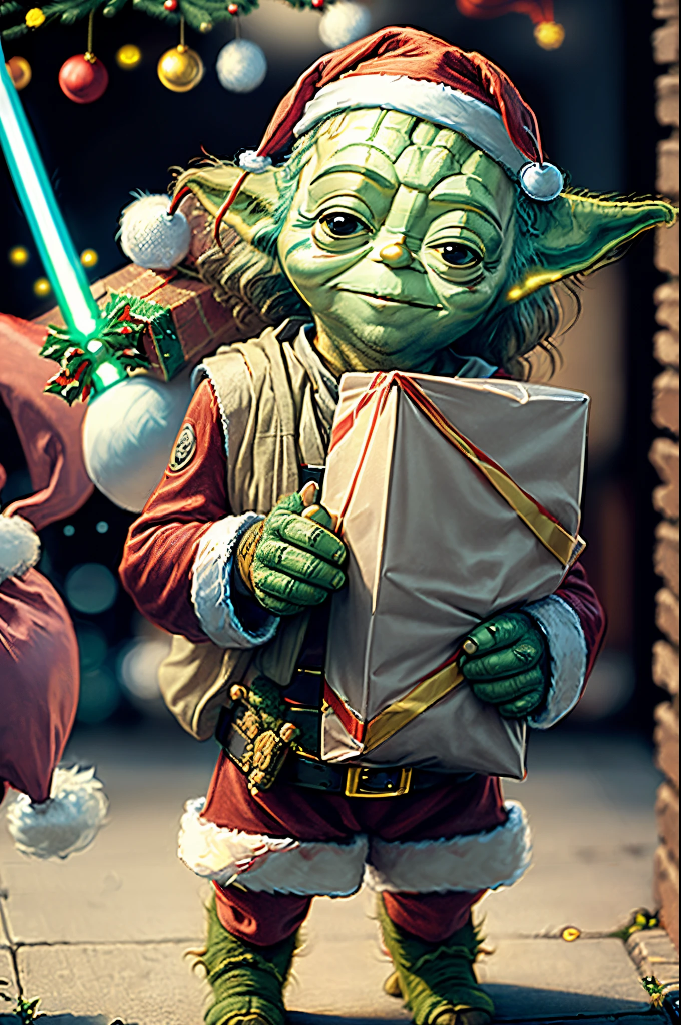 (Yoda from Star Wars dressed as Santa Claus:1.6), masterpiece, happily carrying presents、(Chibi: 1.5), Ultra Detail, radiant light、bio luminescent、Strong bokeh effect, christmas atmosphere,(smiling face:1.3)