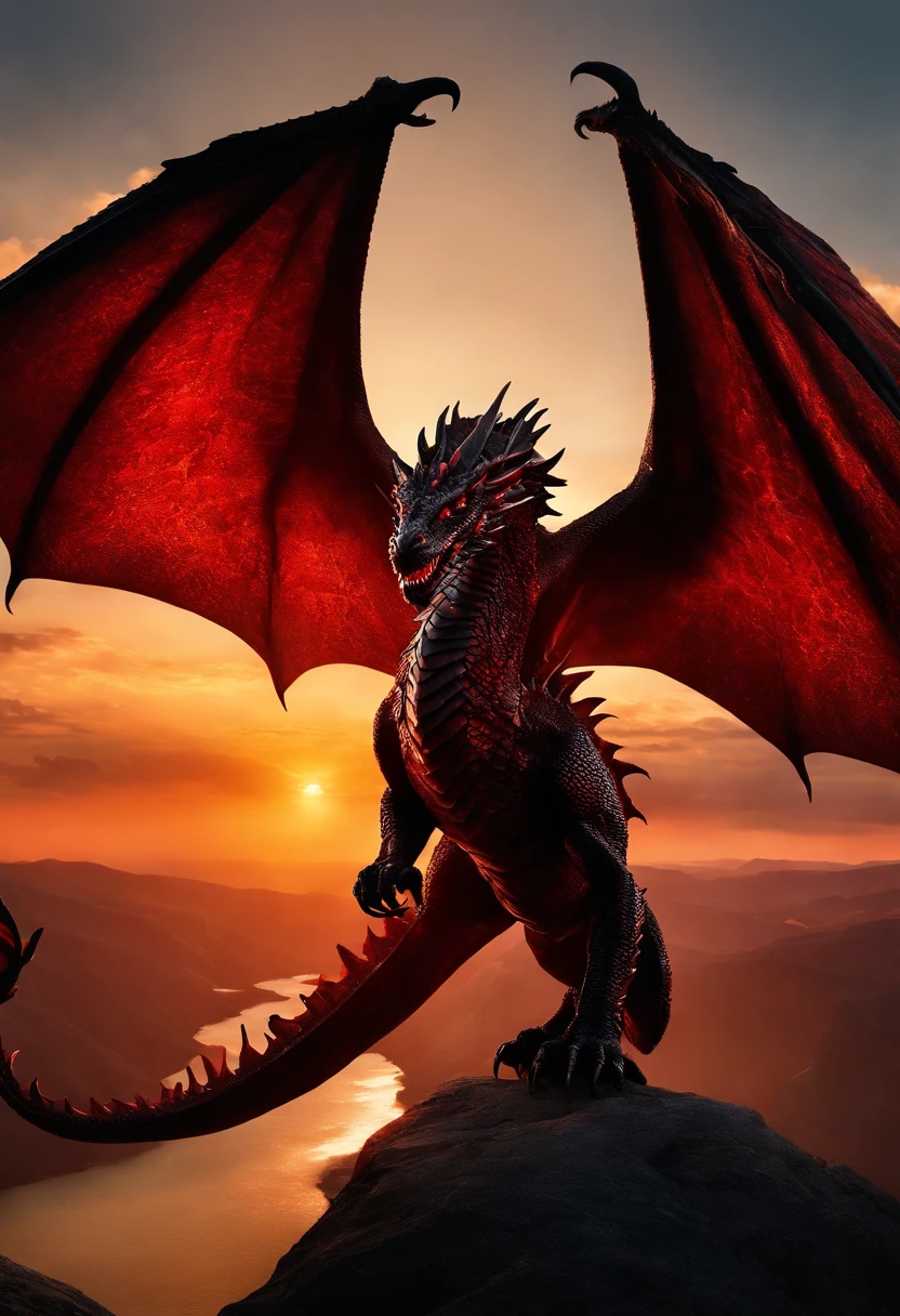 A majestic shot of Balerion the Black Dread soaring through the sky, with the sun setting behind him, casting a fiery glow over his scales.,A Song of Ice and Fire,the largest dragon to have ever lived. black scales with red and black dragonfire, male