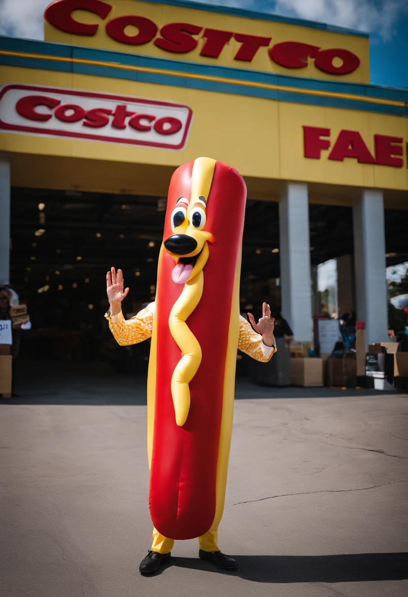 A photo of the CEO of Costco dressed as a costumed hotdog, holding a giant sign that says 'Fighting to Keep the $1.50 Costco Hotdog Price!',original,Costco CEO is Craig Jelinek, male