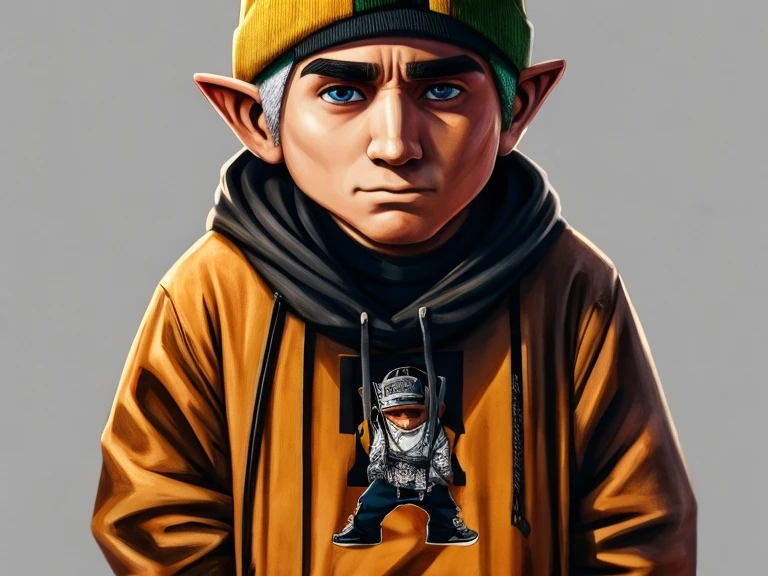 A Gnome that looks like singer Eminem, usando roupas Streetwear