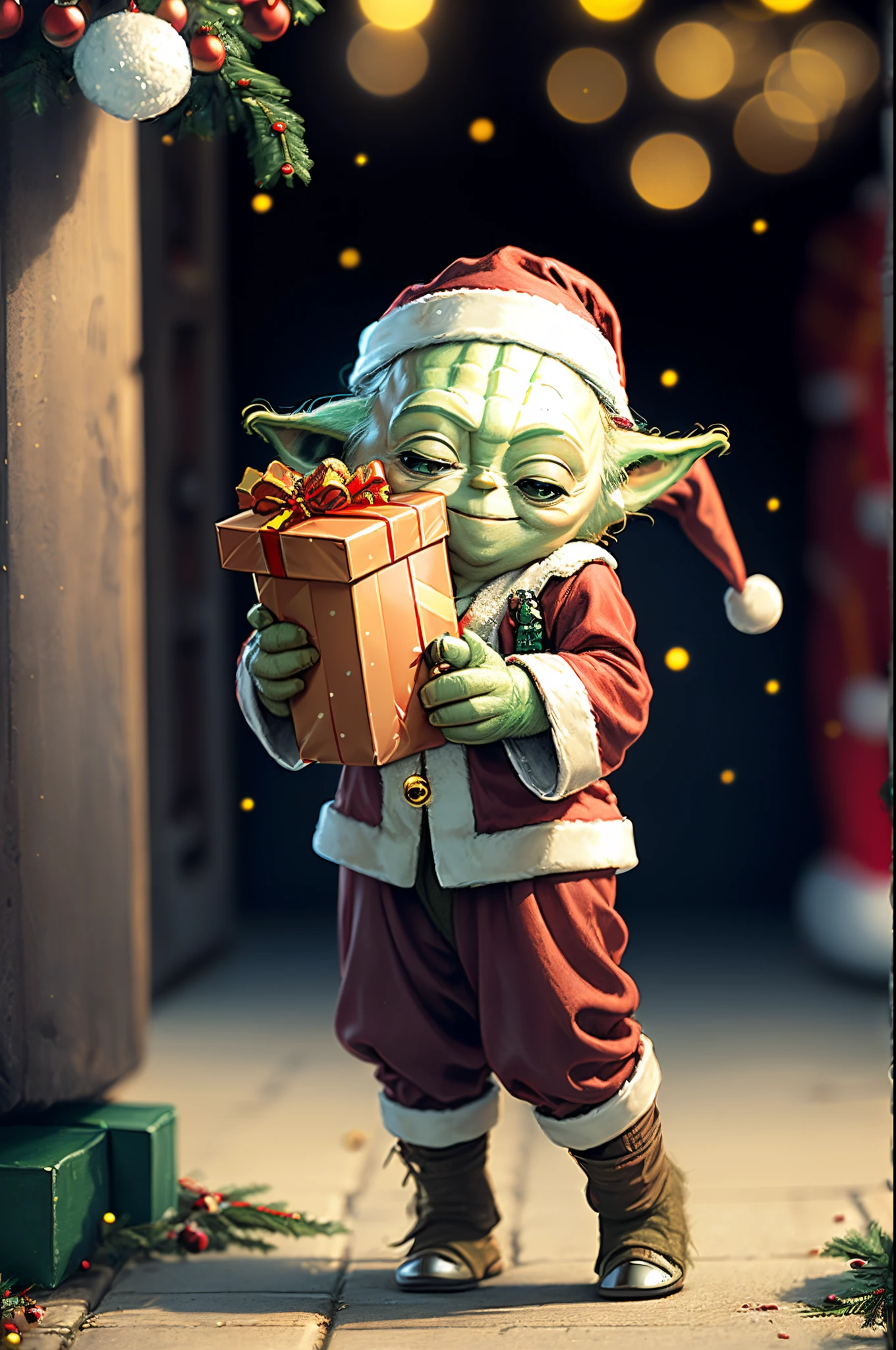 (Yoda from Star Wars dressed as Santa Claus:1.5), happily carrying presents、(Chibi: 1.5), Ultra Detail, radiant light、bio luminescent、Stronger bokeh effect, christmas atmosphere, (anime style IMAGE:1.2), (smiling face:1.5)