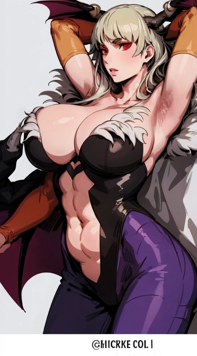 morrigan aensland, blond hair, tunic, pants, sensual curvs, curvy, huge breast, priestess,red eyes, feathered wings, halo, horns