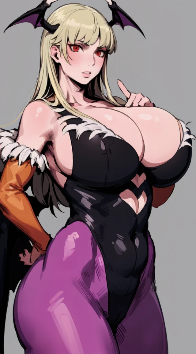morrigan aensland, blond hair, tunic, pants, sensual curvs, curvy, huge breast, priestess,red eyes, feathered wings, halo, horns