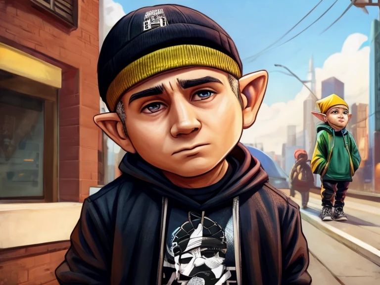 A Gnome that looks like singer Eminem, usando roupas Streetwear