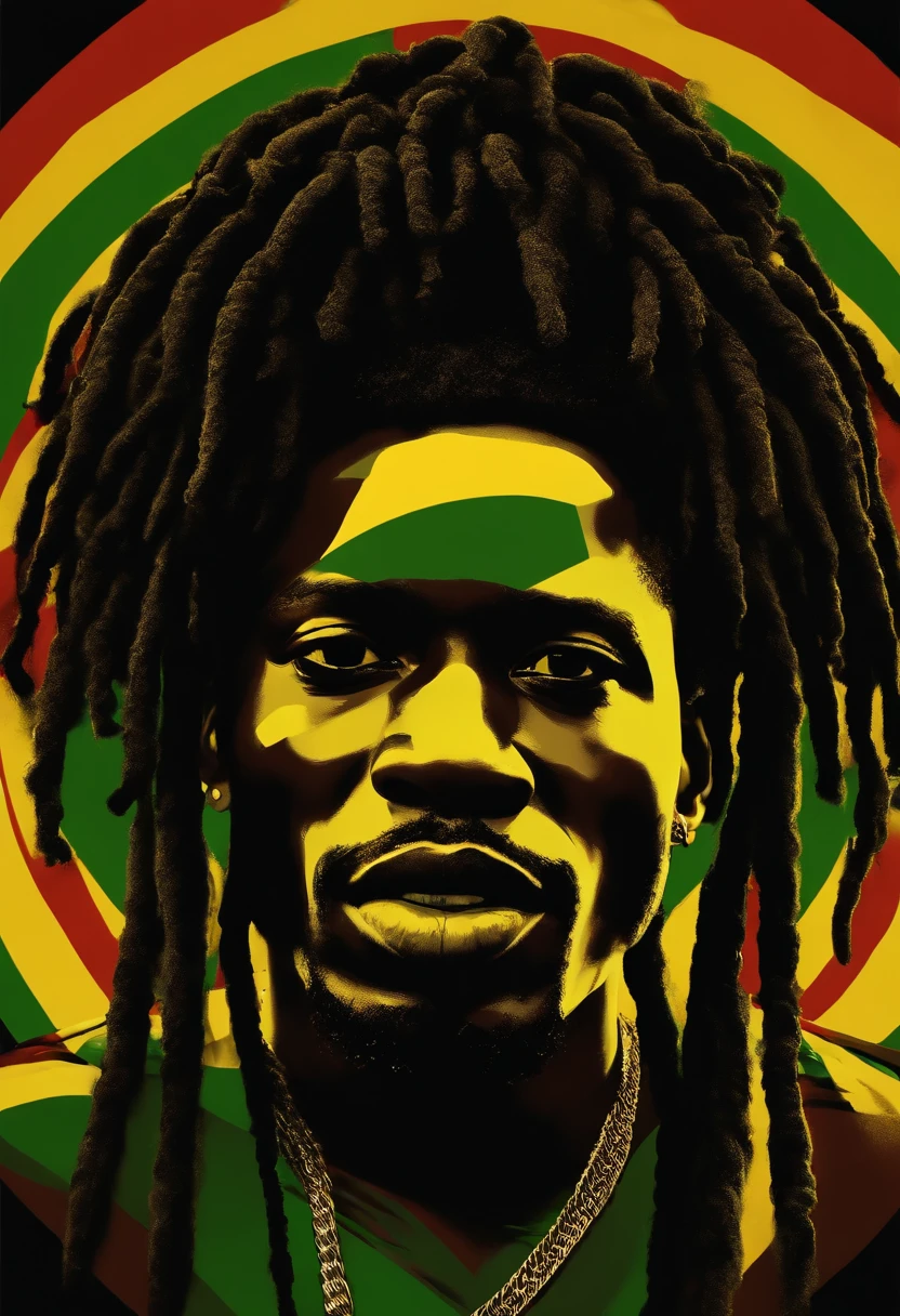 Create a logo with the head of a black man with dreadlocks in black colors, verde, amarelo e vermelho (olhando para a frente) , imagem estilo logomarca , Sober, (fundo preto), Image with resolution of at least 300dpi, UHD 8k, Very high quality for excellent printing. Lighting that highlights the figure in relation to the background, cores do reggae, Estilo da camada de disco