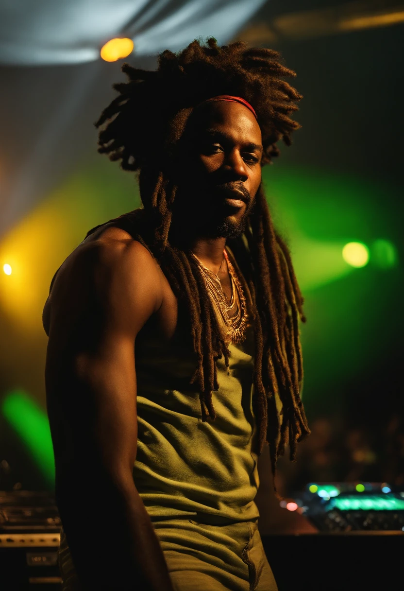 Create a logo with the head of a black man with dreadlocks in black colors, verde, amarelo e vermelho (olhando para a frente) , imagem estilo logomarca , Sober, (fundo preto), Image with resolution of at least 300dpi, UHD 8k, Very high quality for excellent printing. Lighting that highlights the figure in relation to the background, cores do reggae, Estilo da camada de disco