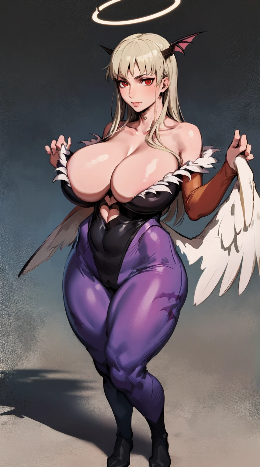 morrigan aensland, blond hair, tunic, pants, sensual curvs, curvy, huge breast, priestess,red eyes, feathered wings,angel halo, horns, standing ,full body, religious, prirestess, pullover