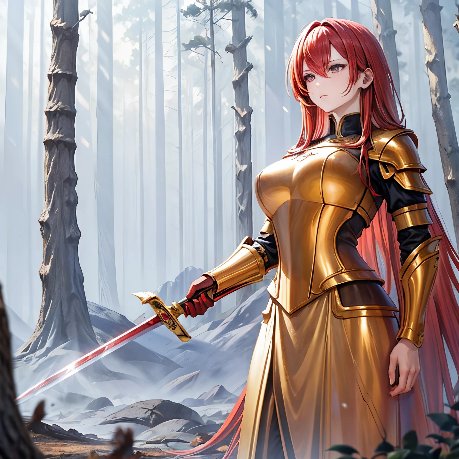 Woman with red hair, golden armor, sword, burnt forest scenery