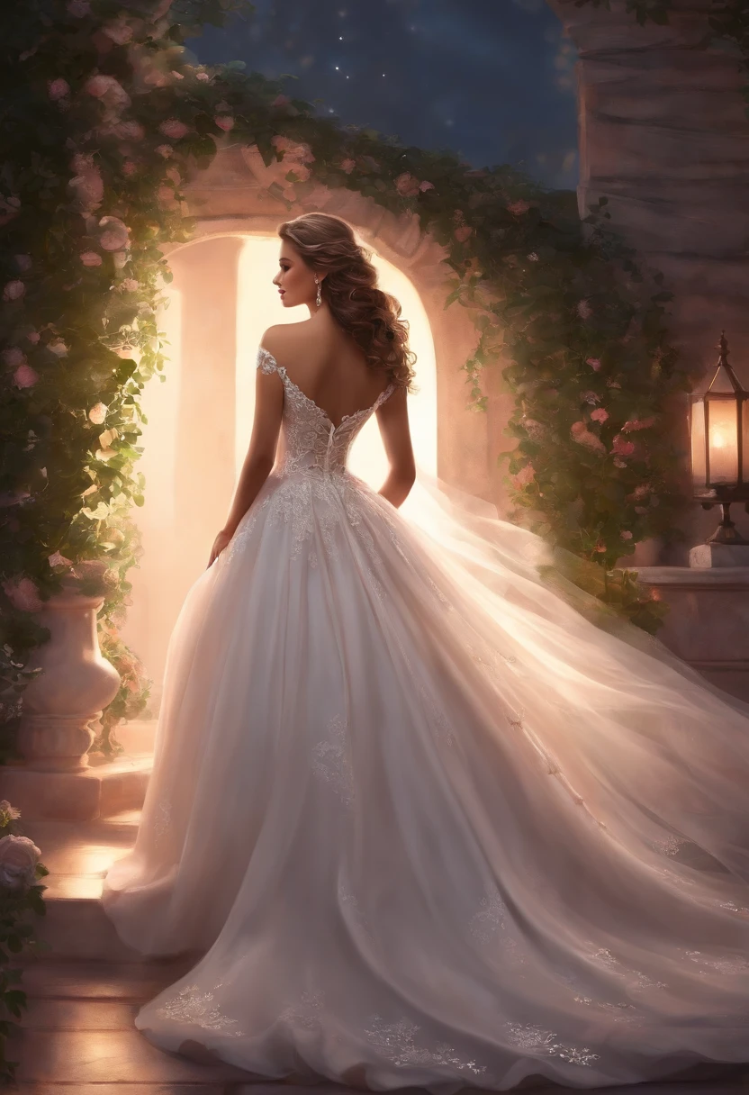 (Best quality, High definition, Masterpiece:1.2,), illustration, Night, 1girll, full bodyesbian, (Wedding dress), arm behind back, waiting for kiss, view the viewer, cheerfulness, Blush,