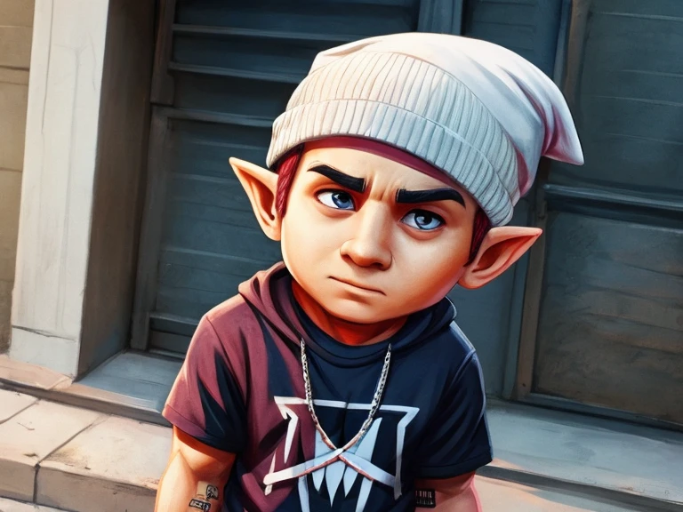 A Gnome that looks like singer Eminem, usando roupas Streetwear