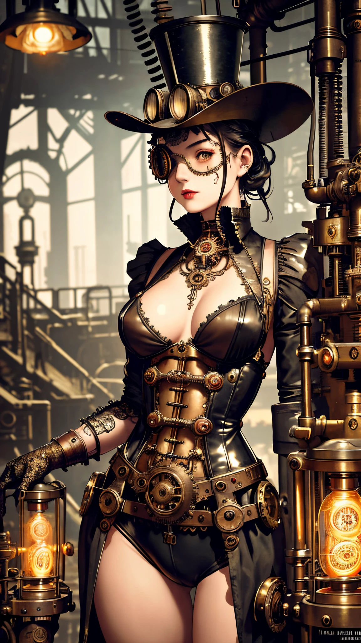 (masterpiece:1.2), 1girl,steampunk, mechanical body parts, intricate details, realistic rendering, vivid colors, glowing elements, metal textures, mysterious atmosphere, gears and cogs, aged and weathered surfaces, steam-powered machinery, industrial landscape, ornate Victorian clothing, goggles and top hat, confident stance and expression