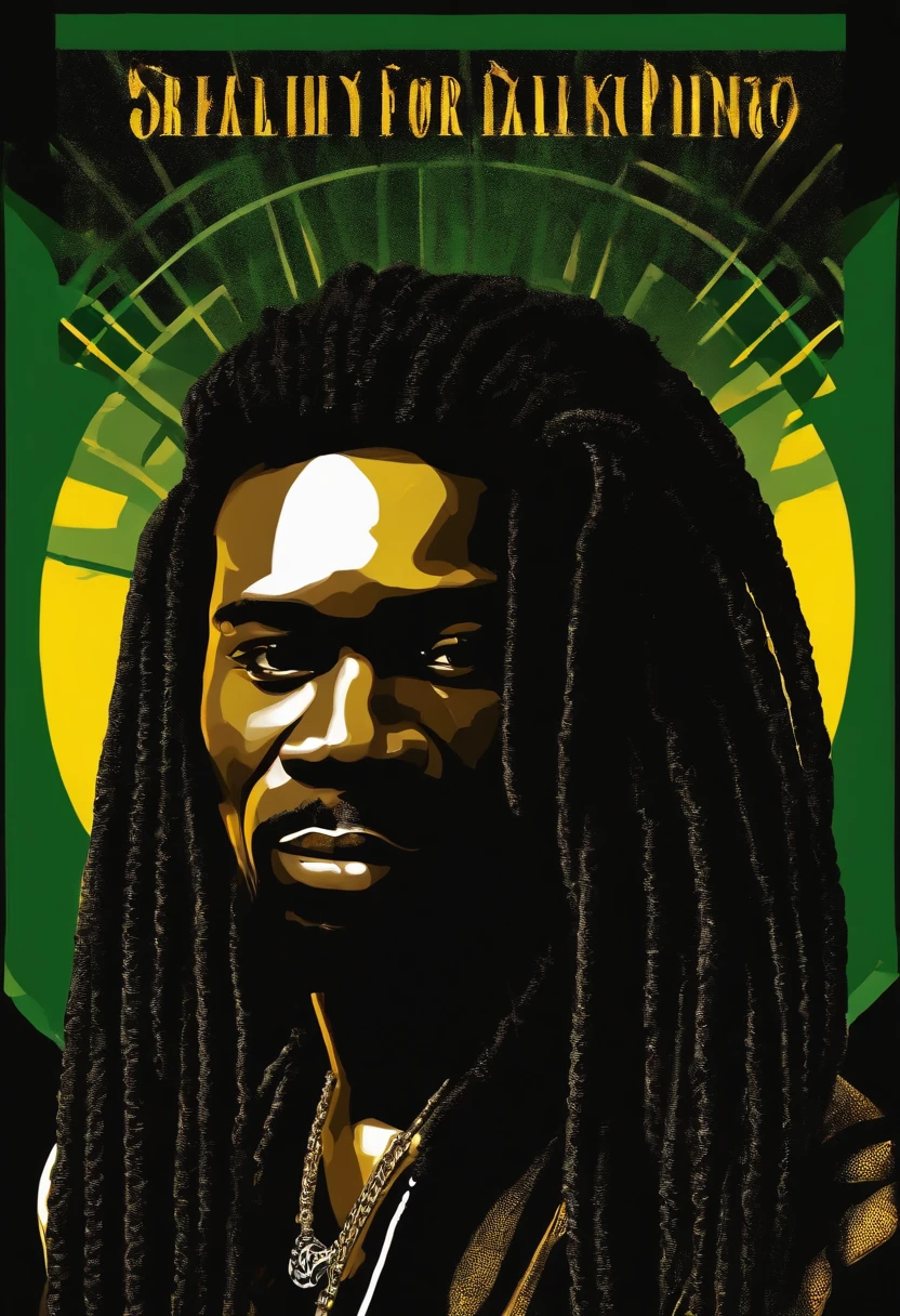Create a logo with the head of a black man with dreadlocks in black colors, verde, amarelo e vermelho (olhando para a frente) , imagem estilo logomarca , Sober, (fundo preto), Image with resolution of at least 300dpi, UHD 8k, Very high quality for excellent printing. Lighting that highlights the figure in relation to the background, cores do reggae, Estilo da camada de disco
