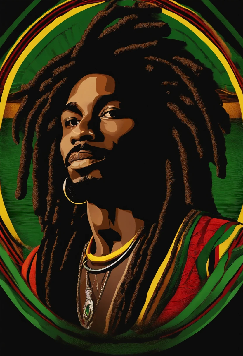 Create a logo with the head of a black man with dreadlocks in black colors, verde, amarelo e vermelho (olhando para a frente) , imagem estilo logomarca , Sober, (fundo preto), Image with resolution of at least 300dpi, UHD 8k, Very high quality for excellent printing. Lighting that highlights the figure in relation to the background, cores do reggae, Estilo da camada de disco