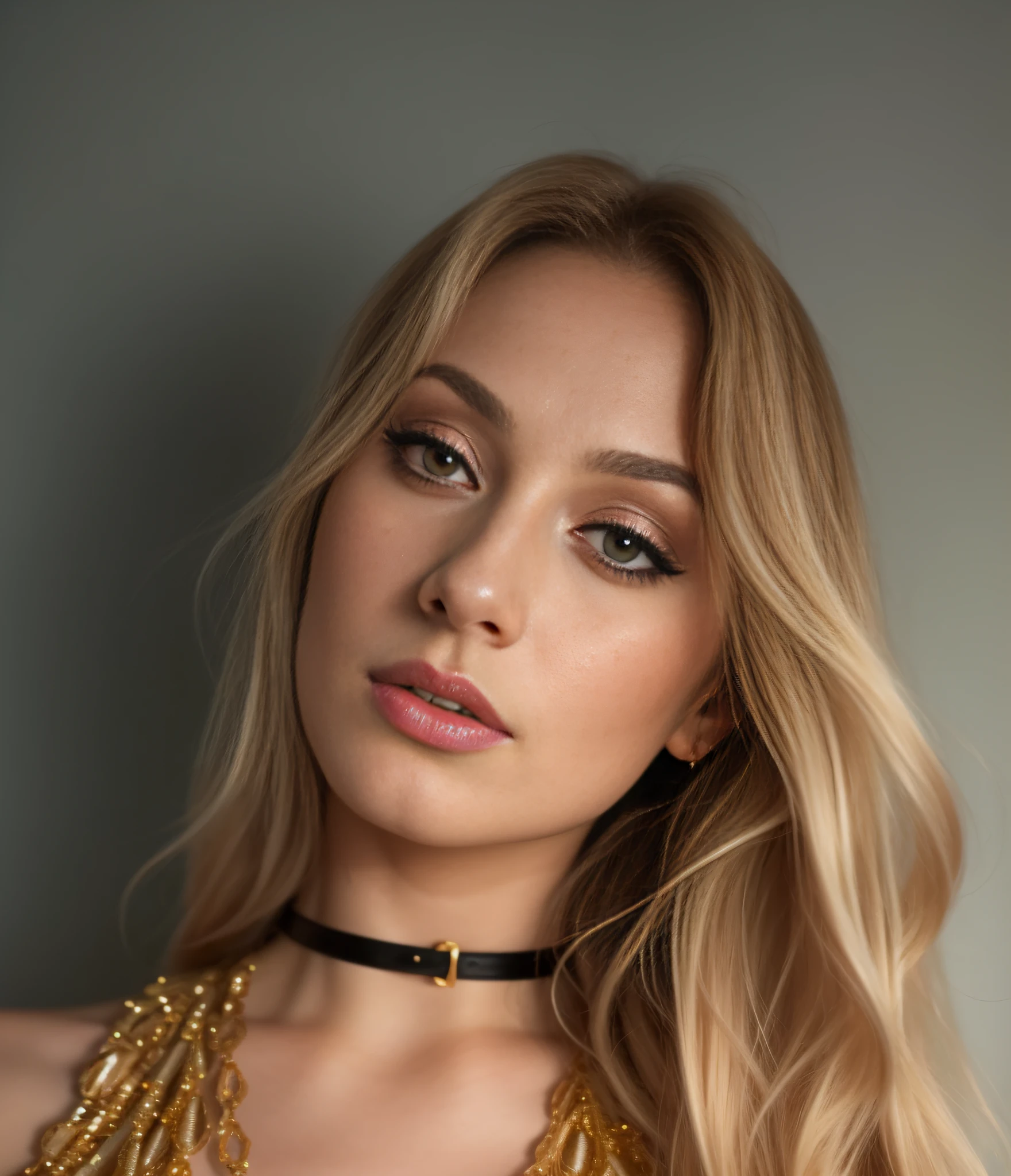 a close up of a woman wearing a gold dress and a choke, anna nikonova aka newmilky, angelina stroganova, portrait sophie mudd, dasha taran, yelena belova, anastasia ovchinnikova, viktoria gavrilenko, aleksandra waliszewska, olya bossak, julia gorokhova, a gorgeous blonde