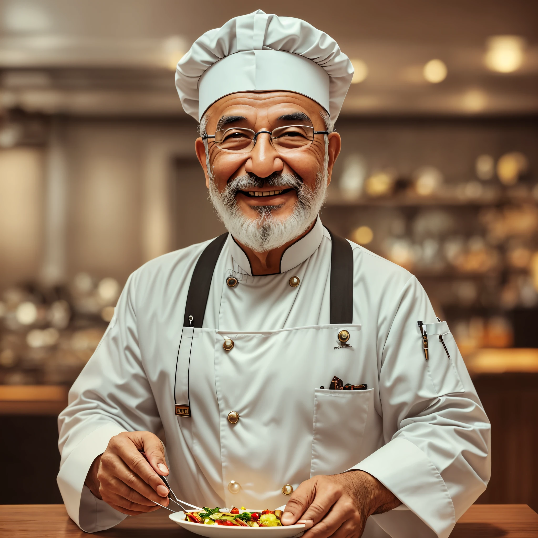 digital art icon for a restaurant,The icon should feature a distinguished Saudi chef who is around 70 years old,his beard is medium long and white colored,symbolizing his years of experience. He's wearing traditional Saudi attire,His eyes are twinkling with joy, and he has a warm, inviting smile on his face, making him look very comfortable and approachable --auto --s2