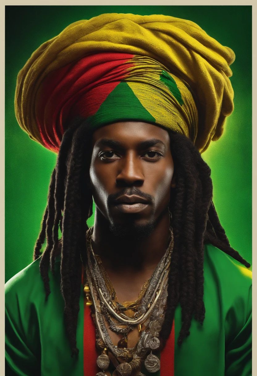 Create a logo with the head of a black man with dreadlocks in black colors, verde, amarelo e vermelho (olhando para a frente) , imagem estilo logomarca , Sober, (fundo preto), Image with resolution of at least 300dpi, UHD 8k, Very high quality for excellent printing. Lighting that highlights the figure in relation to the background, cores do reggae,
