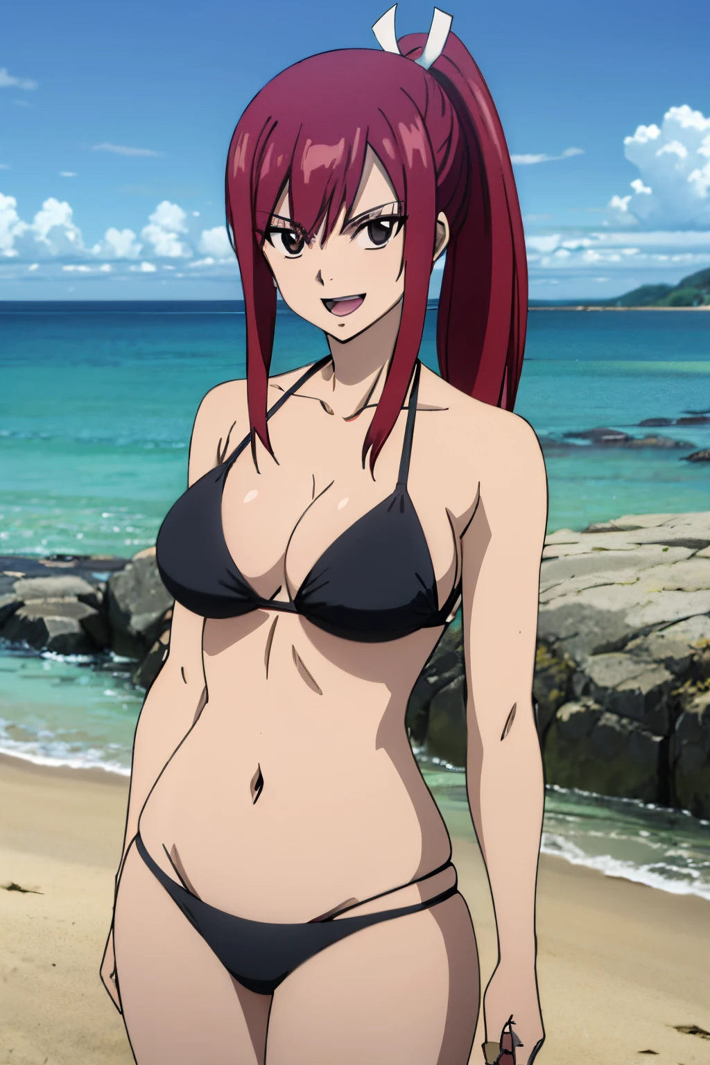 cowboy shot, 4k, very high color saturation, ultra detailed body and face, perfect body proportions, highest quality, 1girl, solo, detailed beach background only, thick arms , looking at viewer, smile, ERZASCARLET, BARE SHOULDERS, big breasts, off-shoulders, black bikini, tall girl, ponytail, detailed red hair, smile, open mouth, big eyes