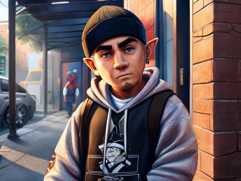 A Gnome that looks like singer Eminem, usando roupas Streetwear